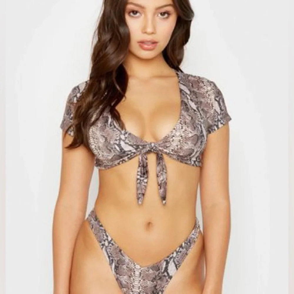 Frankie's Bikinis Brown Snake Print Tie Front Bikini Top